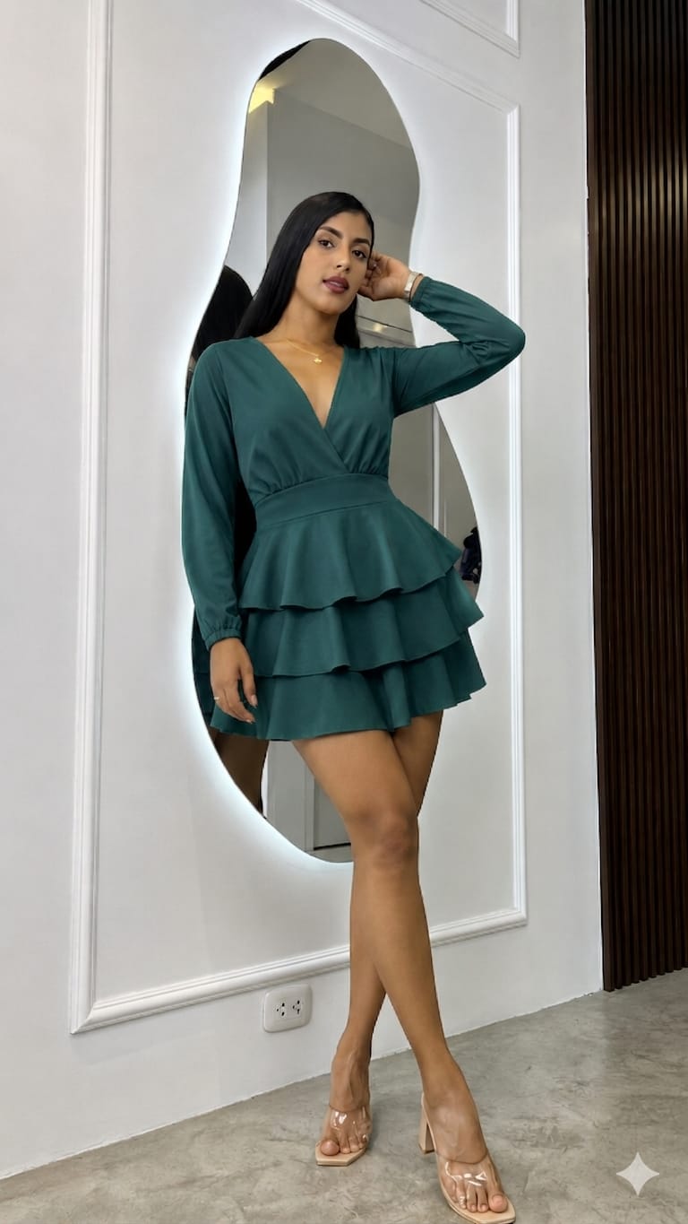 ENTERIZO elegante en color VERDE confeccionado en Rayón Premium, con diseño cruzado que estiliza la figura, mangas largas y falda en capas con movimiento femenino. Lleva short interno para mayor comodidad y multiligas en la espalda que brindan un ajuste perfecto al cuerpo. Talla estándar adaptable hasta talla 32 en pantalón. Ideal para salidas, eventos y ocasiones especiales. 💕