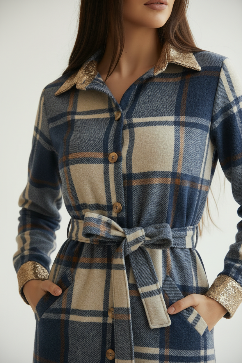 Detalle de prenda - vestido a cuadros azul